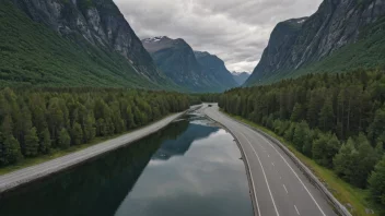 En svingete vei som følger løpet av en elv eller en innsjø i det norske landskapet