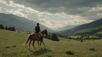 En person som rir en hest i et vakkert landskap med fjell og skog