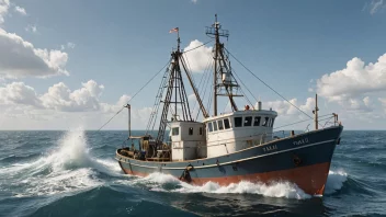 En fiskebåt med et stort trålnett som fanger fisk i havet.