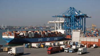 Containerskip fortøyd ved en havn, med last som blir losset