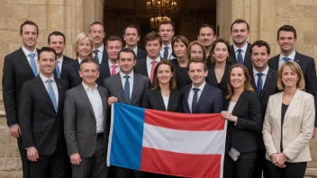 En gruppe mennesker fra Luxembourg, med Luxembourgs flagg i bakgrunnen.