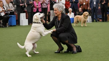 En person priser en hund i en hundeutstilling, med et stort smil på ansiktet og en trofé i hånden.