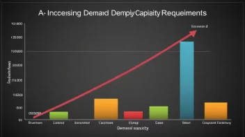 En graf som illustrerer begrepet kapasitetsbehov, med økende etterspørsel og kapasitetskrav i en forretnings- eller industrisammenheng.