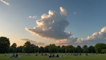 En fredelig sommeraften scene med mennesker som slapper av og har det gøy utenfor