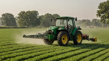 En bonde som sprøyter pesticider på en åker med en traktor for å kontrollere skadedyr og sykdommer