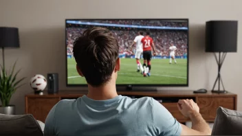 En person som sitter på en sofa og ser på sport på TV, med et stort smil på ansiktet.