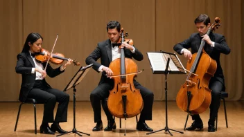 En stryketrio som spiller på en konsertscene med en fiolin, bratsj og cello