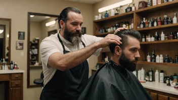 En barber i en butikk, som klipper en mann sitt hår og barberer hans skjegg.