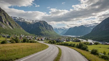 Et malerisk landskap av en dal eller landsby øst for en fjellkjede i Norge.