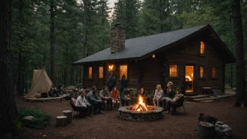 En varm og koselig hytte i skogen med en peis og mennesker samlet rundt den, som nyter hverandres selskap