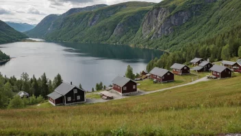 Et idyllisk fritidsboligområde i Norge med trehus og en fredelig innsjø i bakgrunnen.