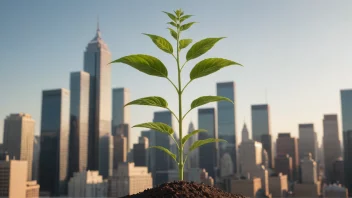 Et bilde som representerer vekst og utvikling, med en plante som vokser i forgrunnen og et bylandskap i bakgrunnen.