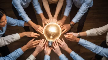 En gruppe mennesker som jobber sammen, med en lyspære i sentrum, som symboliserer samarbeidsånden og teamwork.