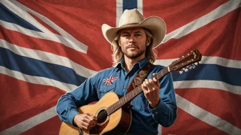 En norsk countrymusikk-ikon, med gitar og cowboyhatt, stående foran et norsk flagg.