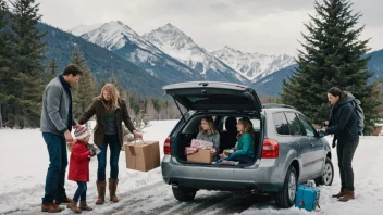 En familie som pakker bilen for å dra på juleferiereise.