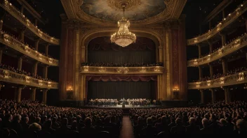 Et stort operahus med et fullt orkester og sangere på scenen.