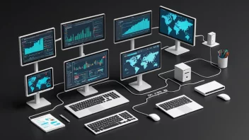 En bilde av et datasystem med ulike komponenter og skjermer som viser forskjellige typer data og arbeidsflyter.