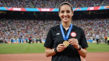 En person som holder en medalje og smiler, med en bakgrunn av et sportsstadion eller et podium.