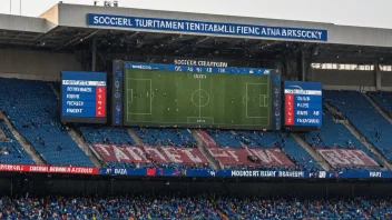 En fotballstadion med en stor skjerm som viser turneringsbraket