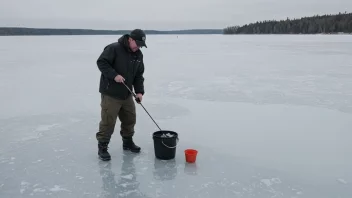 En fredelig vinterscene med en person som isfisker på en frossen innsjø