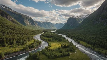 Et naturskjønt norsk dal med en fredelig atmosfære.