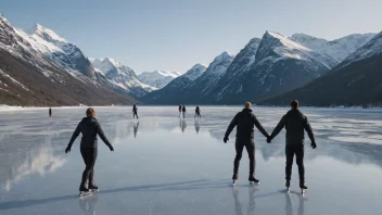 En fredelig vinter scene i Norge, med mennesker som nyter skøyteidrett på en frossen innsjø.