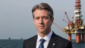 En person i dress som står foran et Equinor-merke eller en oljeplattform, som representerer en statoilsjef.