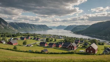 Et landsbygdsområde i Norge med en liten landsby i bakgrunnen.