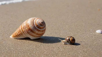 Et skall og et sneglehus på en strand.