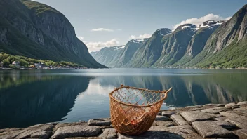 En tradisjonell norsk snurrevadfangst i bruk, med en naturskjønn fjordlandskap i bakgrunnen.