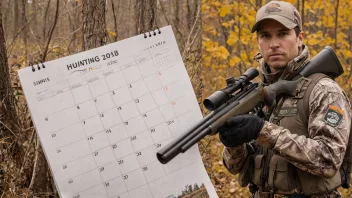 En person i jaktutstyr, med en rifle og en kalender i bakgrunnen, som viser jaktperioden.