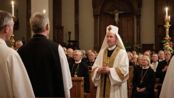 En høytidelig gudstjeneste i en tradisjonell norsk kirke, med en prest og en menighet samlet for å minnes Olav den Helliges død.