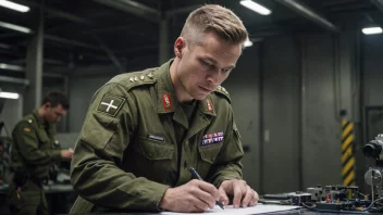 En norsk soldat i uniform, med bakgrunn i ingeniørfag, som jobber på et teknisk prosjekt