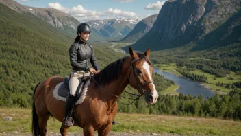 En kvinnelig hestefôring med et stort smil på ansiktet, sittende på en hest i et vakkert norsk landskap med fjell og fjorder i bakgrunnen