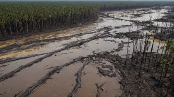 Forurenset landskap med oljeutslipp, avskoging og klimaendringer.