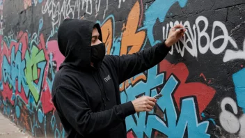 En person i en svart hoodie og maske som vandaliserer en vegg med graffiti, med en bysilhuett i bakgrunnen