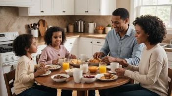 Et varmt og invitende fotografi av en familie som nyter frokost sammen.