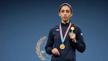 En person som står alene på et podium, med en medalje rundt halsen og et stolt uttrykk i ansiktet.