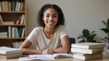 En ung kvinne som sitter ved et skrivebord med bøker og papirer, og ser motivert ut til å studere.