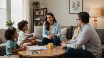 En familierådgiver i et koselig kontor, som gir veiledning og støtte til en familie.