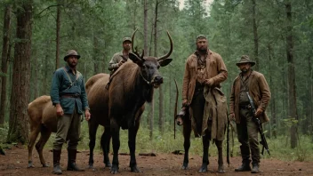 En gruppe jegere i tradisjonelle klær, stående foran en skog.