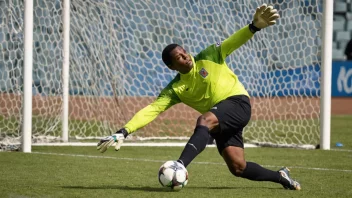 En ulandslagskeeper i aksjon på fotballbanen, med en folkemengde av supportere i bakgrunnen