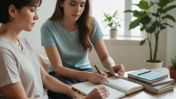 En person i en terapisamtale, med en terapeut og en notatbok, omgitt av beroligende farger og naturlig lys.