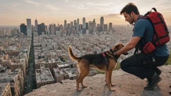 Ein person reddar ein hund frå ein vanskeleg situasjon.