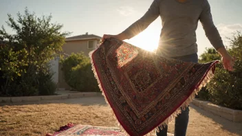 En person holder et teppe utenfor i solen for å lufte det