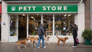 En hundehandler som står foran sin butikk med glade hunder i vinduet.