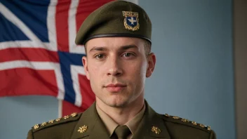 En person i militær uniform med norsk flagg i bakgrunnen