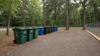 En fjerningsplass med flere søppelkasser og resirkuleringscontainere.