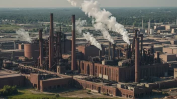 En stor industriell jernfabrikk med skorsteiner og maskiner