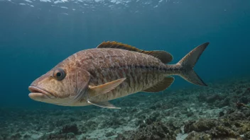 Et stort harefiske som svømmer i havet, med en skole mindre fisk i bakgrunnen.